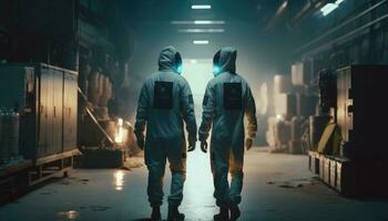 Two Scientists Walking in a Heavy Industry Factory in Sterile Coveralls and Face Masks, Examining Industrial Manufacturing Machine Settings and Configuring Production Functionality. Generative AI photo