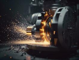 Metal machine tools industry. CNC turning machine high-speed cutting is operation. flying sparks of metalworking. Generative AI photo