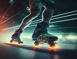 Closeup view of man legs with roller skates at sunset. Futuristic neon lights on background. Creative sport and roller skating lifestyle concept on sunny day. Inline skates sport. Generative AI photo