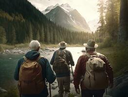 ver desde detrás. un grupo de asiático personas mayores excursionismo y en pie en escénico montaña sendero rodeado por alto arboles y allí es río corriendo disfrutando naturaleza. mayor comunidad conceptos. generativo ai foto