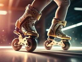 Closeup view of woman legs with roller skates at sunset. Futuristic neon lights on background. Creative sport and roller skating lifestyle concept on sunny day. Inline skates sport. Generative AI photo