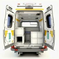 Rear view of the interior of an open ambulance isolated on a white background. Generative AI photo