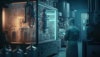 Scientists in Sterile Suits Working with Computers, Analyzing Data form Modern Industrial Machinery in the Laboratory. Product Manufacturing Process, Pharmaceutics, Semiconductors. Generative AI photo