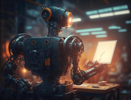 Industry 4.0 Robot concept .Android use laptop computers for machine maintenance, automation tools, robot arm at the factory. Generative AI photo