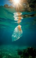 Plastic bag floating in the ocean. AI generative photo