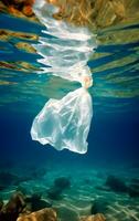 Plastic bag floating in the ocean. AI generative photo