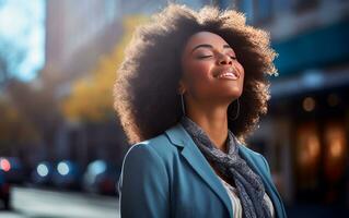 Business woman breathing deep in the city. Black woman taking a moment to relax. AI generative photo