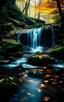 Landscape photo of waterfall in the forest during autumn season. Generative AI