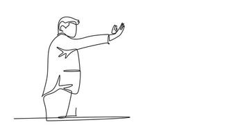 Self drawing animation of single line draw businessmen and businesswomen celebrating success goal at business meeting with high five gesture. Business deal. Continuous line draw. Full length animated video