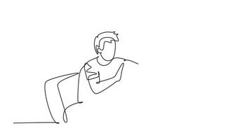 Animated self drawing of continuous line draw father and daughter sitting on couch playing console video game together, giving high five gesture. Parenting care concept. Full length one line animation