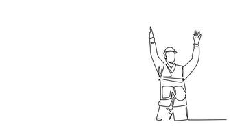 Self drawing animation of single line draw construction worker and foreman celebrate their successive build the building together. Building construction concept. Continuous line. Full length animated video