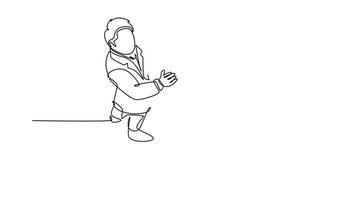 Self drawing animation of single line draw group of businessmen celebrating their successive goal at business meeting with high five gesture from top view. Continuous line draw. Full length animated video