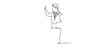 Self drawing animation of single line draw two young happy businessmen celebrating their successive goal with high five gesture together. Business deal concept. Continuous line. Full length animated video