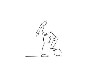 Animated self drawing of continuous line draw attractive father and son playing football together on outdoor field and giving high five gesture. Happy parenting concept. Full length one line animation video