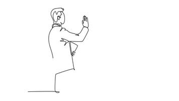 Animated self drawing of continuous line draw young happy businessman and businesswoman celebrating their successive goal with high five gesture. Business deal concept. Full length one line animation video