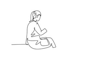 animerad själv teckning av kontinuerlig linje dra ung Lycklig kvinna läkare kontroll upp sjuk patient liten pojke och ger hög fem gest. medicinsk sjukvård begrepp. full längd ett linje animering video