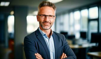 Business man portrait with sunglasses and blurred office in background. AI generative photo