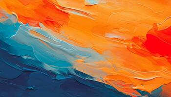 Abstract acrylic paint in orange, blue and red color palette. Colorful wallpaper texture for branding. Vibrant background with bold colors. AI generative photo