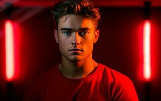 Young man wearing red sweater standing over red background with dramatic lighting. AI generative photo