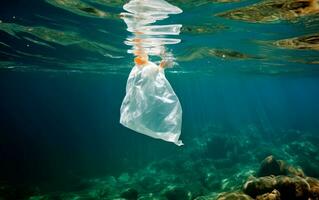 Plastic bag floating in the ocean. AI generative photo