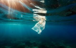 Plastic bag floating in the ocean. AI generative photo