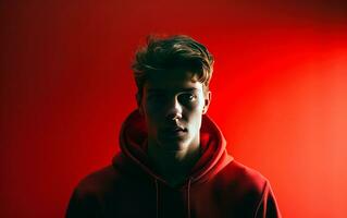 Young man wearing red sweater standing over red background with dramatic lighting. AI generative photo