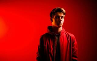 Young man wearing red sweater standing over red background with dramatic lighting. AI generative photo