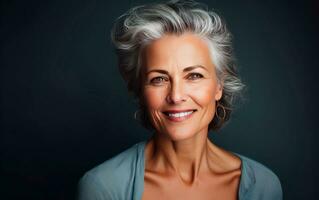 hermosa medio años mujer estudio retrato terminado oscuro gris antecedentes. ai generativo foto