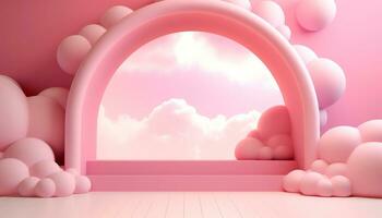 Product presentation mock up. Show cosmetic product. Abstract scene background, pink and clouds. AI generative photo
