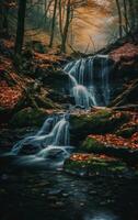Landscape photo of waterfall in the forest during autumn season. AI generative