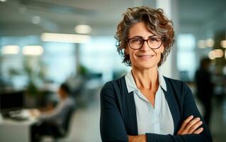 Business woman portrait with sunglasses and blurred office in background. AI generative photo