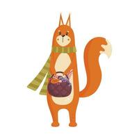 Cute squirrel character with khaki scarf, basket with berries, mushrooms and leaves. Animal character in cartoon style. vector