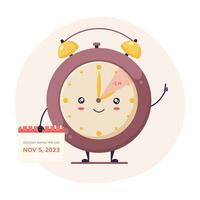 Cute clock with smiling face and calendar in hands. Fall back cartoon style clock character. Daylight saving time end concept. vector