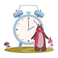 Daylight saving time concept. Cute autumn landscape with bear in red scarf, the clock hand turnig back to winter time. vector