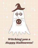 Halloween greeting poster in groovy style. Halloween ghost character. Ghost character in witch hat and crystal ball. vector