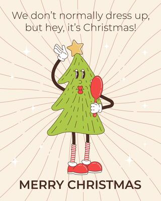 Groovy Christmas greeting card with Christmas tree and greeting text. Funny retro cartoon Christmas character in groovy 60s-70s vintage style.