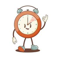 Groovy style clock character with smiling face. Fall back clock. Daylight saving time end concept. vector