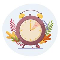 Fall back clock in modern flat style with autumn landscape of leaves and berries. Daylight saving time end concept. vector