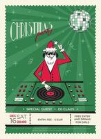 Night club retro Christmas party invitation. 60s - 70s style Christmas poster with DJ Santa Claus. vector