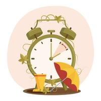 Daylight saving time concept. Autumn composition with yellow wellington boots and umbrella, the clock hand turning back to winter time. vector