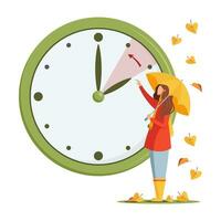 Fall back green clock in modern flat style. Autumn landscape with girl character with yellow umbrella and falling leaves. Daylight saving time end concept. vector