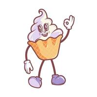 Groovy style retro ice cream character. Cute icecream in waffle with smiling face, hands and boots. vector