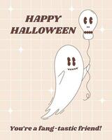 Halloween greeting poster in groovy style. Halloween ghost character. Cute flying ghost character with skull balloon. vector