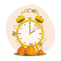 Fall back yellow clock with autumn landscape of pumpkins. Daylight saving time end concept in modern flat style. vector