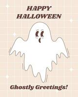 Halloween greeting poster in groovy style. Halloween ghost character. Cute flying ghost character. vector