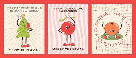 Set of retro cartoon Christmas greeting cards with text-Christmas tree, Christmas ball, tangerine. Merry Christmas poster set in trendy groovy hippie style. vector