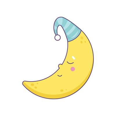 Cartoon style cute smiling moon in nightcap.