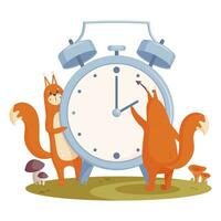 Daylight saving time concept. Fall back landscape with squirrels, the clock hand turning back to winter time. vector