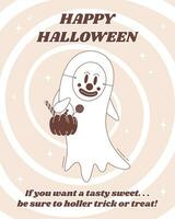 Halloween greeting poster in groovy style. Halloween ghost character. Cute flying ghost character in clown mask with pumpkin full of sweets. vector