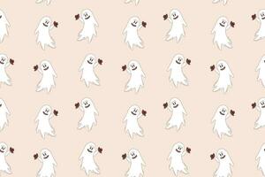 Halloween vector seamless pattern. Flying ghost with bowler hat in retro style.